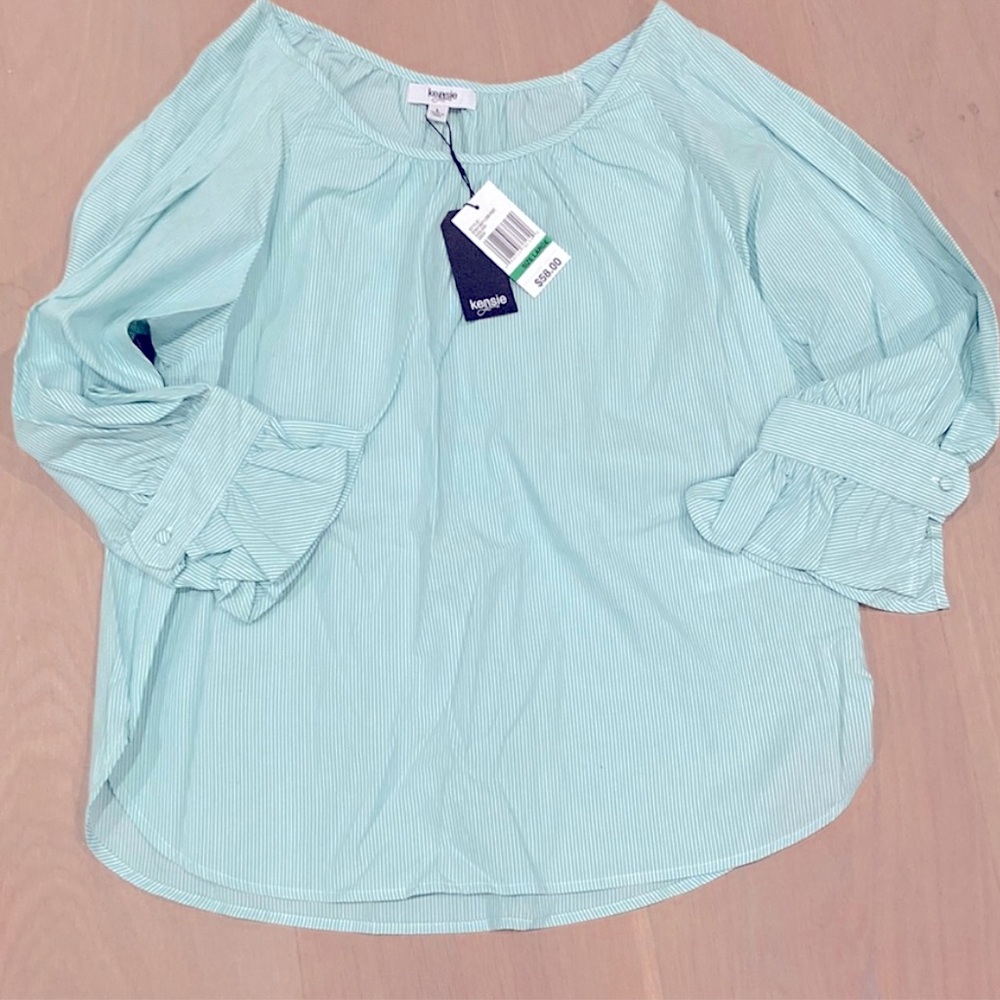 Kenzie green striped puff- sleeve cotton shirt NWT